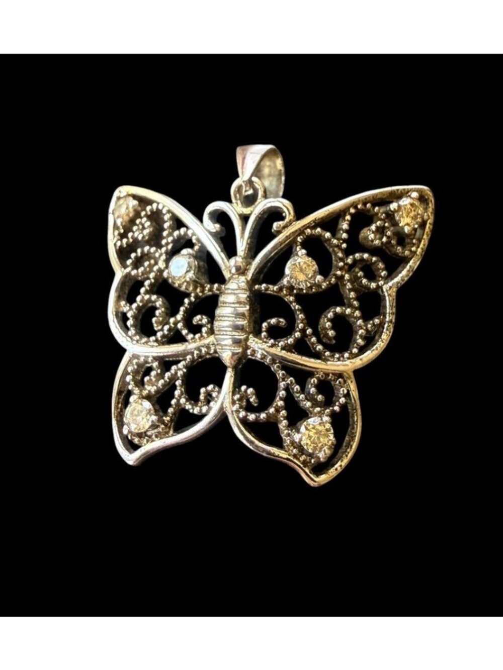 925 Sterling Silver CZ Filigree Butterfly Pendant Open Scrollwork Charm